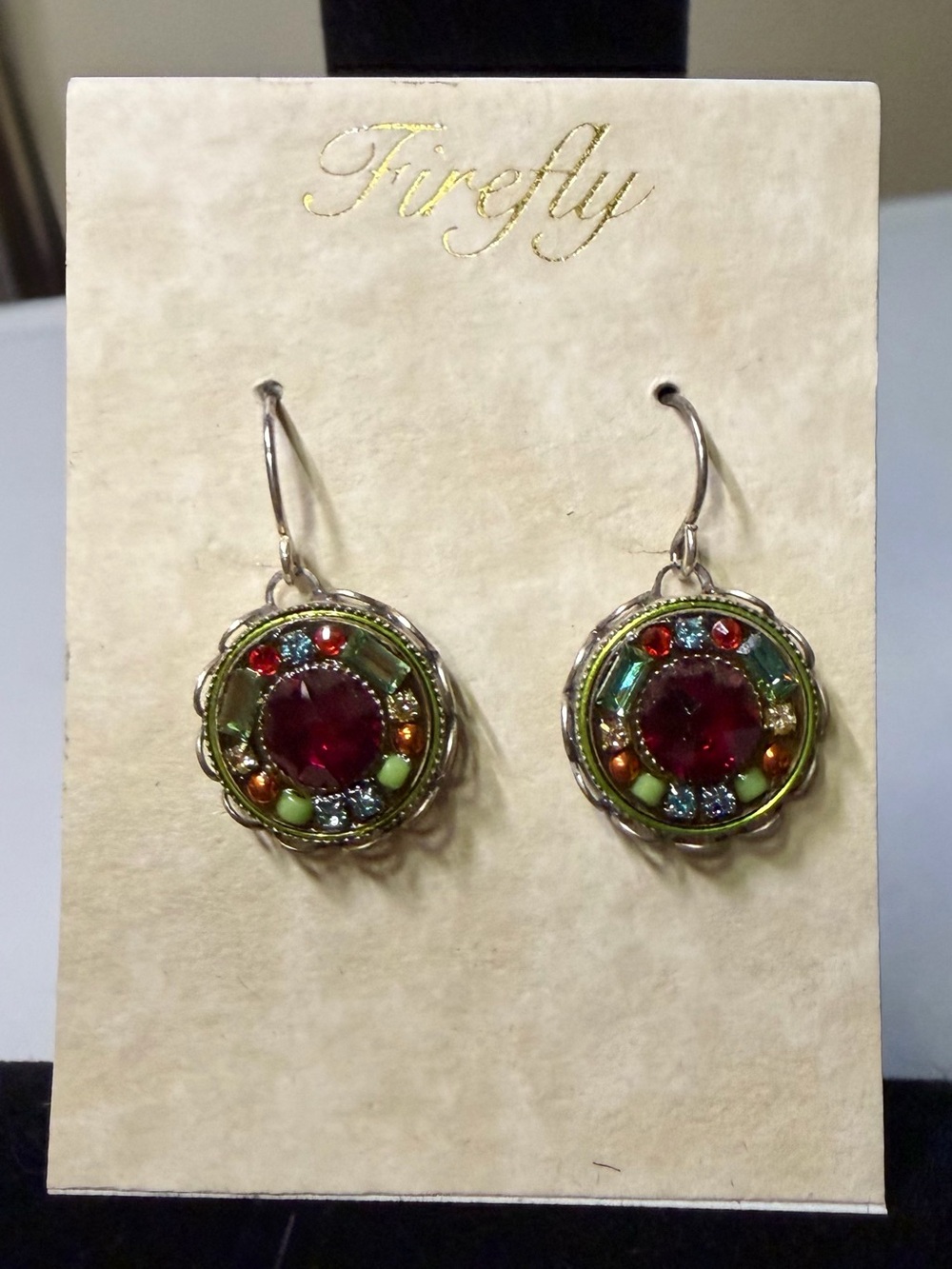 Firefly Multicolor Gem Drop Earrings - Green & Red